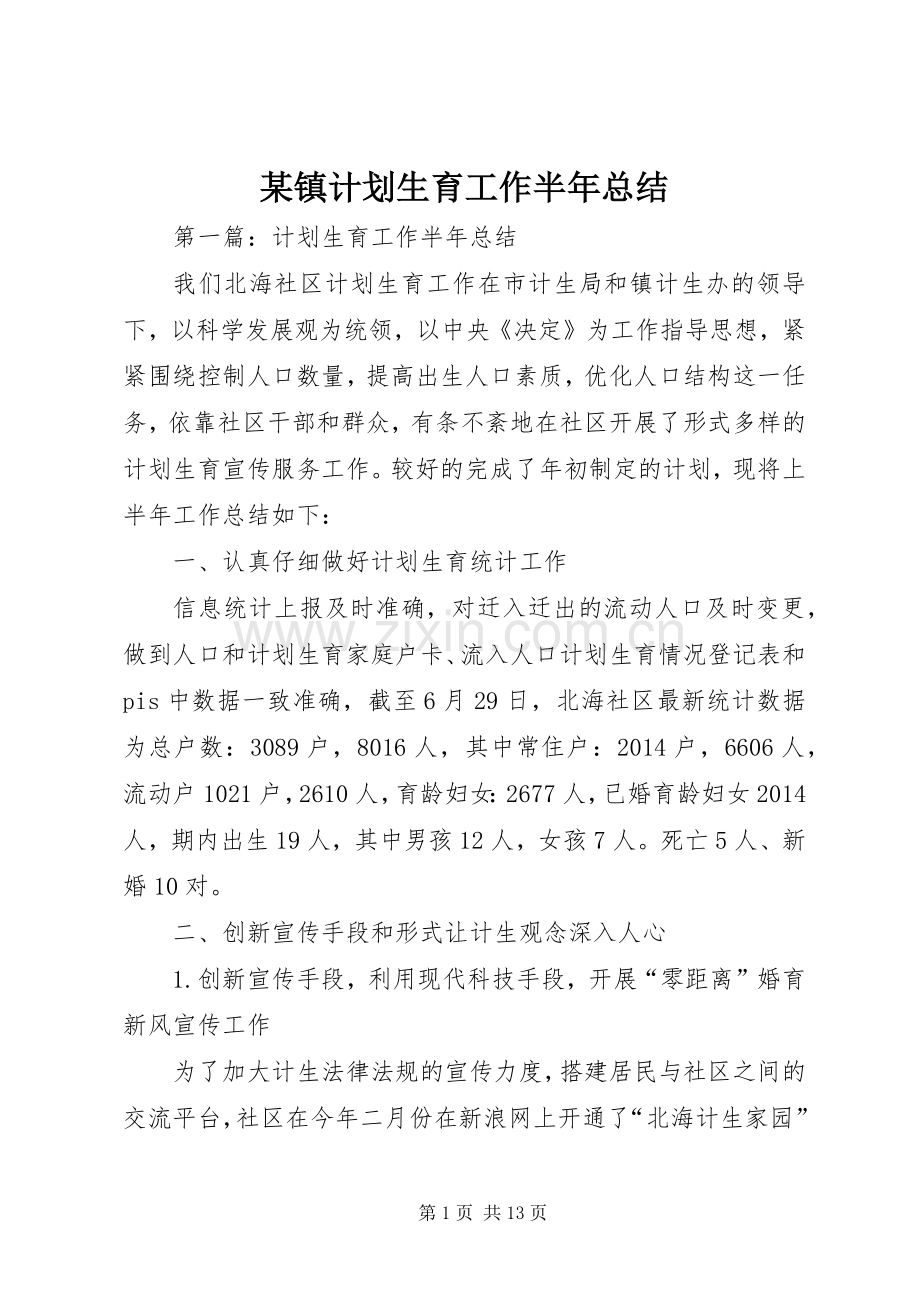 某镇计划生育工作半年总结.docx_第1页