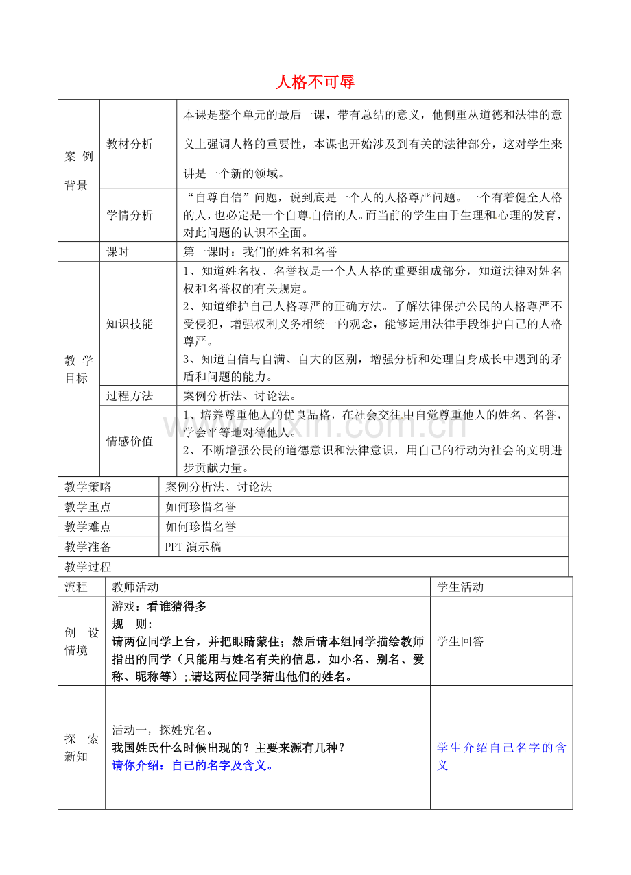 七年级政治上册 第四课 人格不可辱教案 苏教版-苏教版初中七年级上册政治教案.doc_第1页