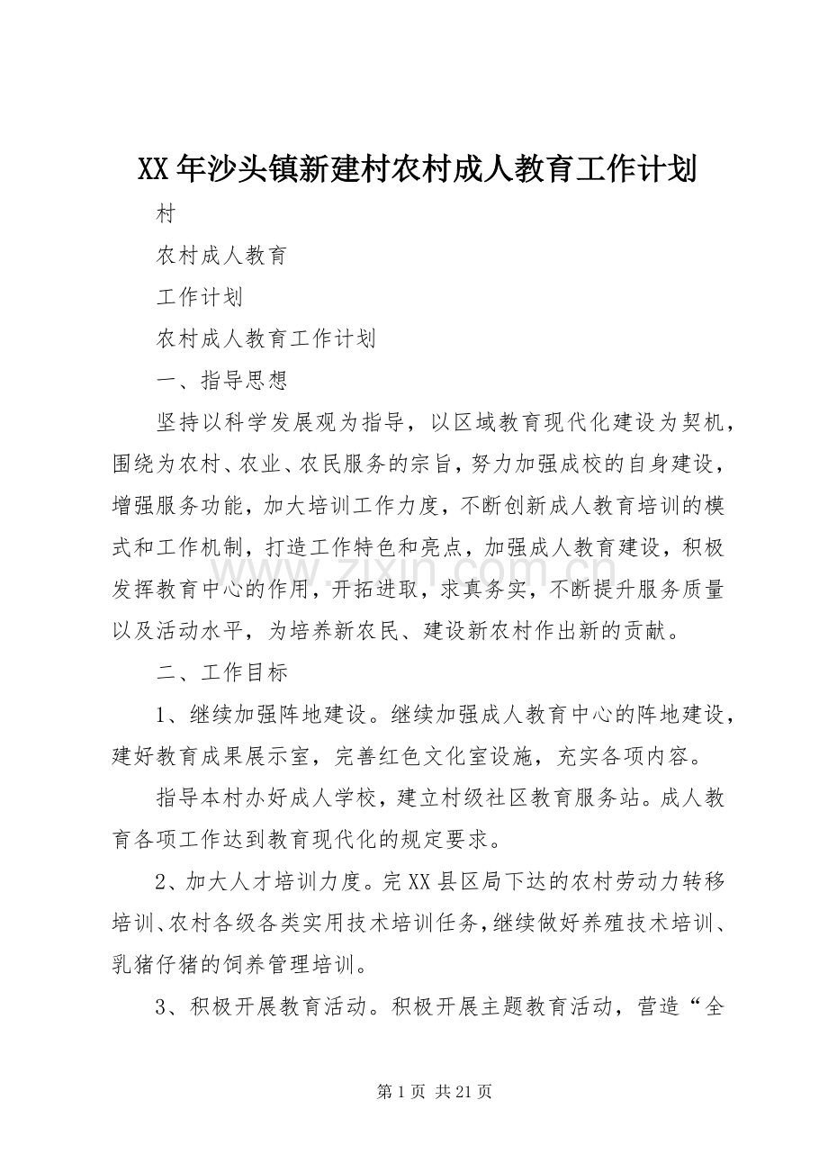 XX年沙头镇新建村农村成人教育工作计划.docx_第1页