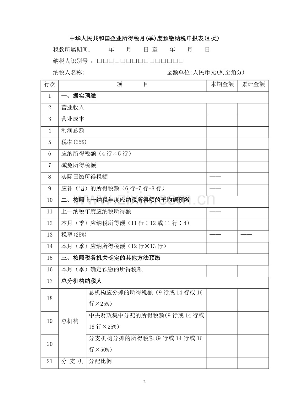 中华人民共和国企业所得税月（季）度预缴纳税申报表等报表(国税函[2008]44号).doc_第2页