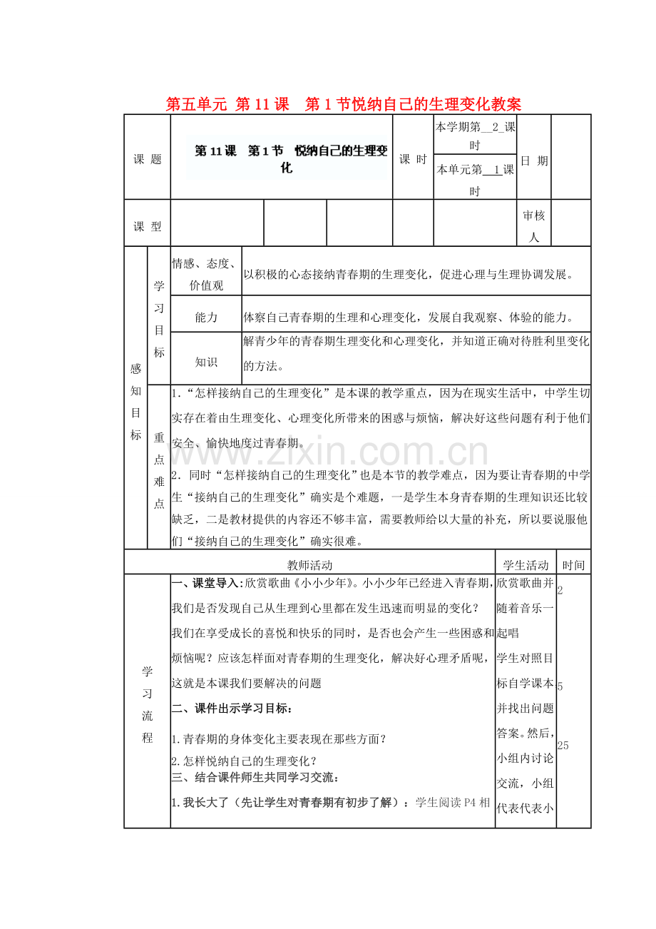 山东省滨州市邹平实验中学七年级政治下册 第五单元 第11课第1节悦纳自己的生理变化教案 鲁教版.doc_第1页