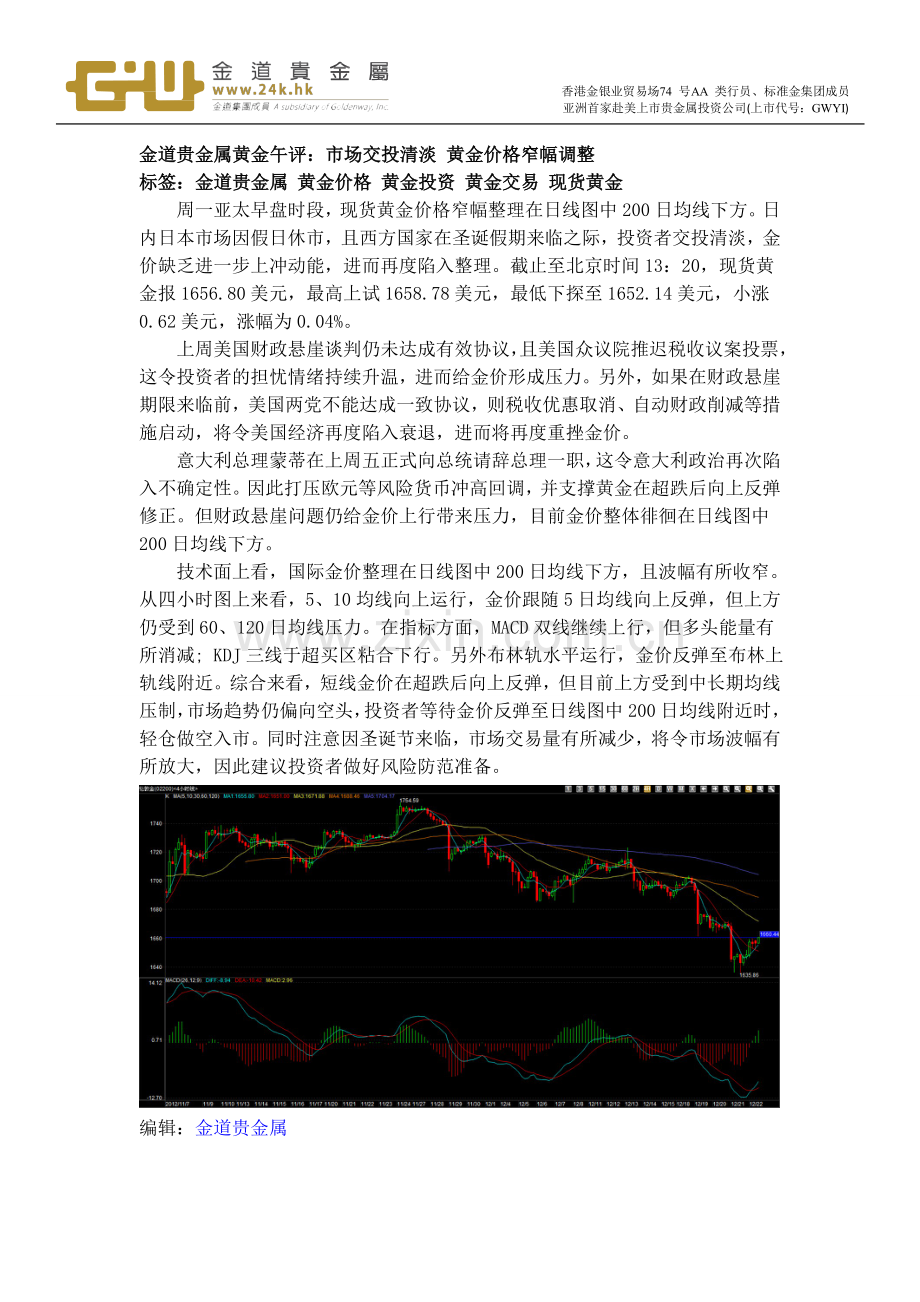 市场交投清淡黄金价格窄幅调整.doc_第1页