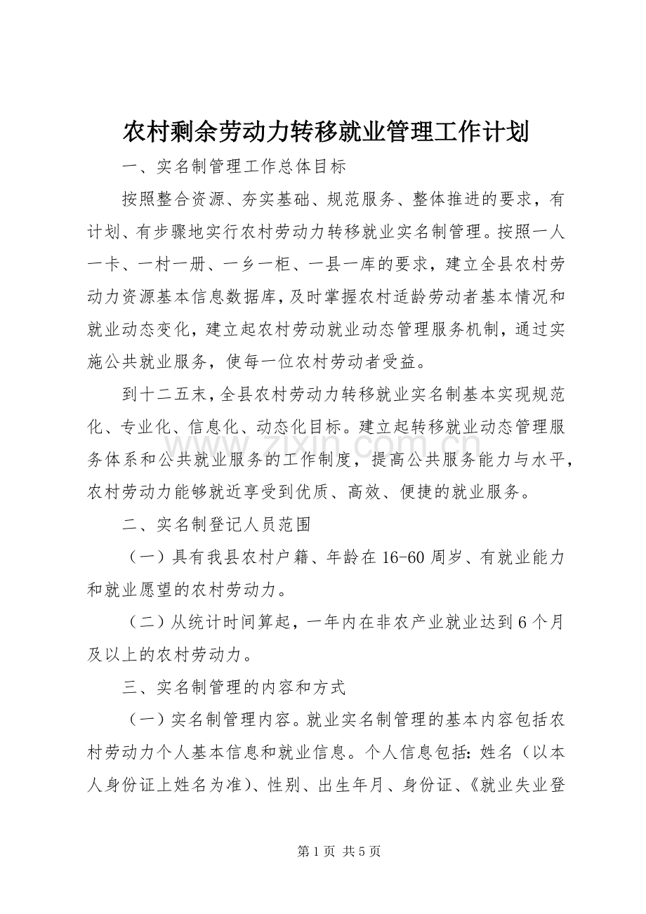 农村剩余劳动力转移就业管理工作计划 .docx_第1页