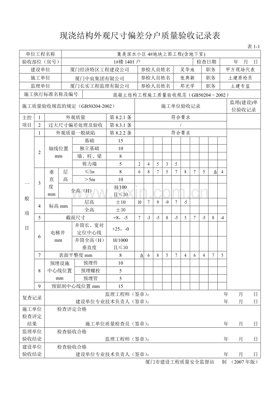 表1-1现浇结构外观尺寸偏差分户质量验收记录表14-33.docx_第1页