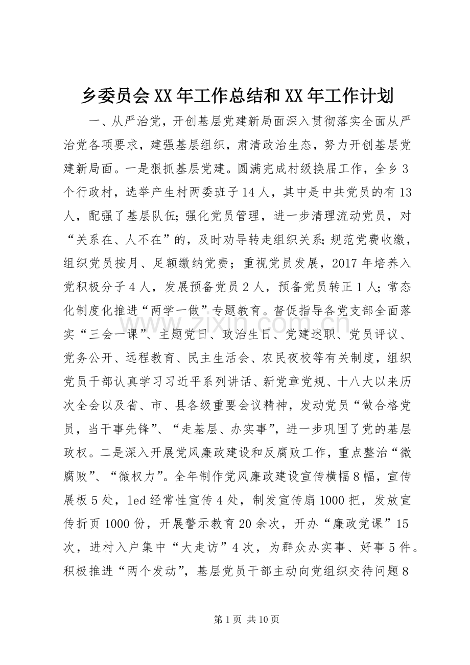 乡委员会XX年工作总结和XX年工作计划 .docx_第1页