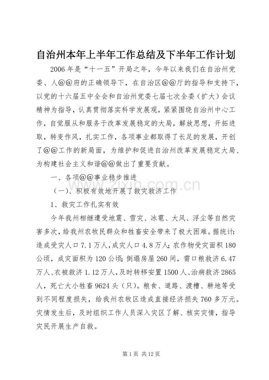 自治州本年上半年工作总结及下半年工作计划.docx_第1页
