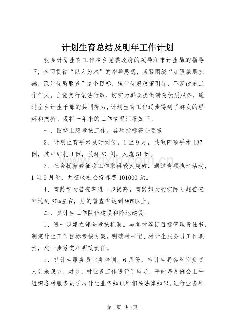 计划生育总结及明年工作计划.docx_第1页