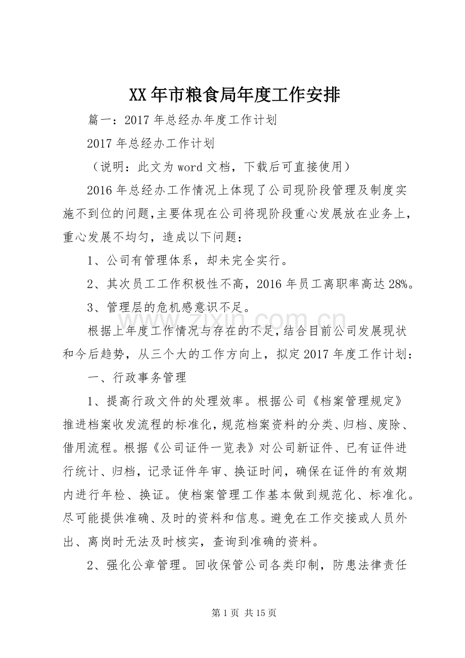 XX年市粮食局年度工作安排.docx_第1页