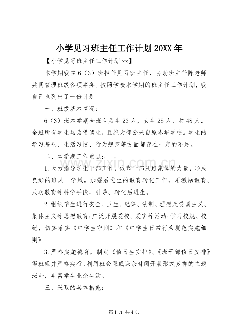 小学见习班主任工作计划20XX年.docx_第1页