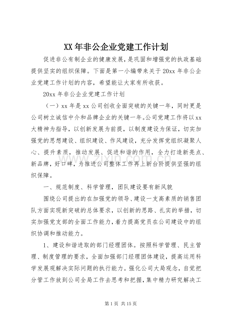 XX年非公企业党建工作计划.docx_第1页