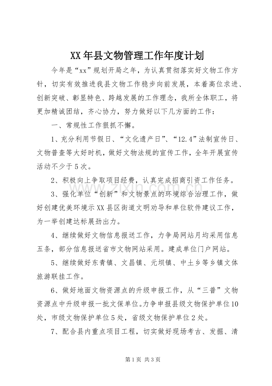 XX年县文物管理工作年度计划 .docx_第1页