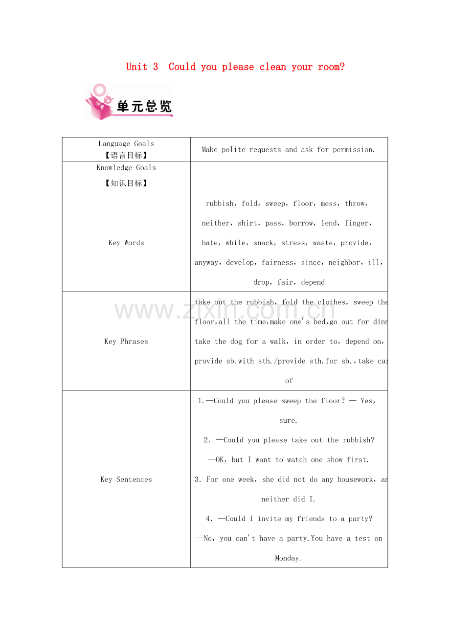 八年级英语下册 Unit 3 Could you please clean your room单元教材分析（新版）人教新目标版-（新版）人教新目标版初中八年级下册英语教案.doc_第1页