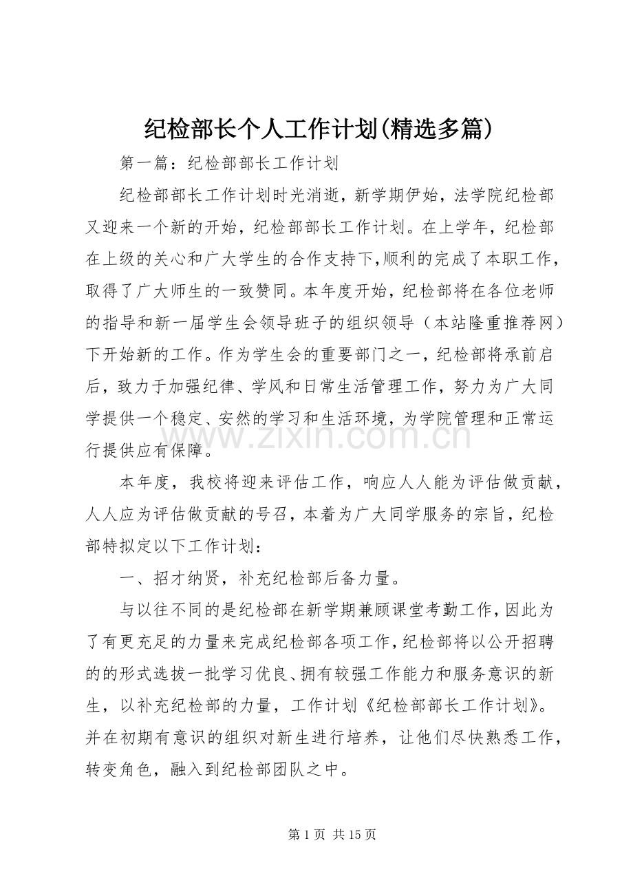 纪检部长个人工作计划(多篇).docx_第1页