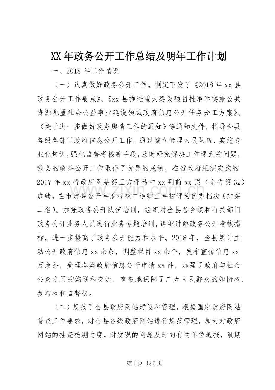 XX年政务公开工作总结及明年工作计划 .docx_第1页