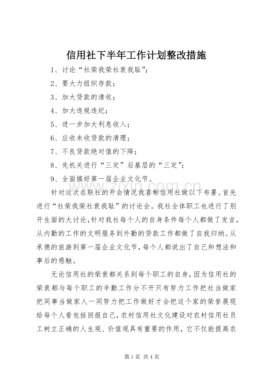 信用社下半年工作计划整改措施 .docx_第1页