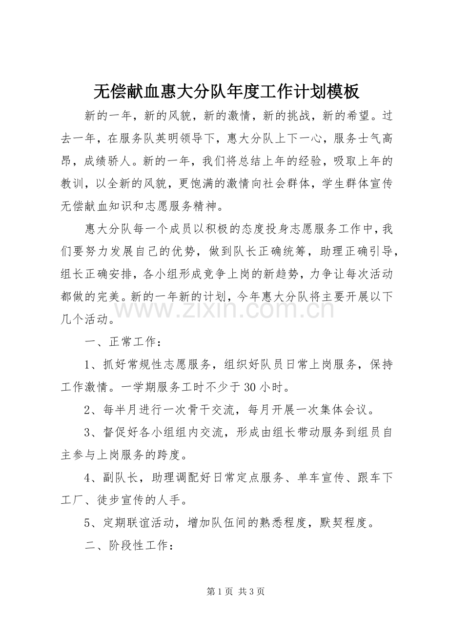 无偿献血惠大分队年度工作计划模板.docx_第1页