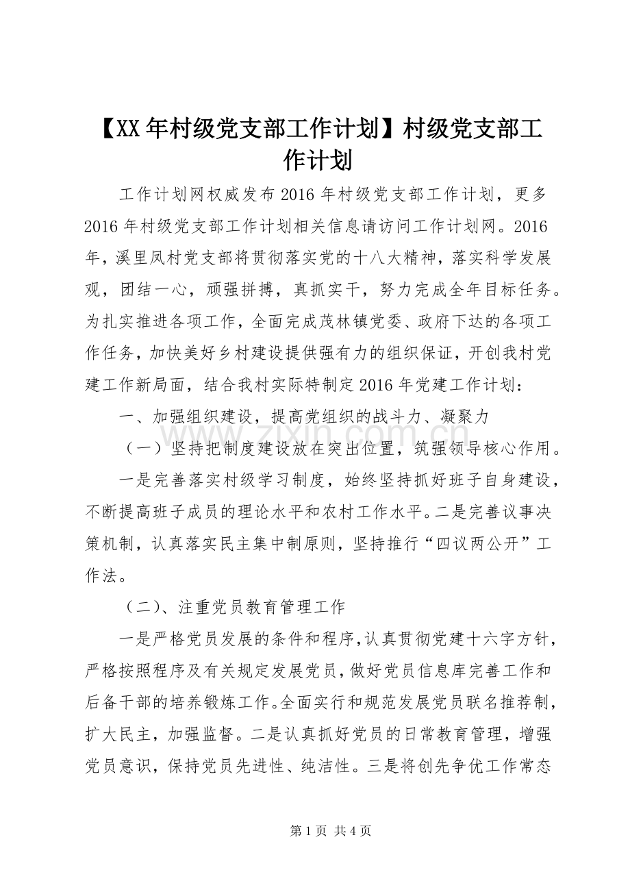 【XX年村级党支部工作计划】村级党支部工作计划.docx_第1页