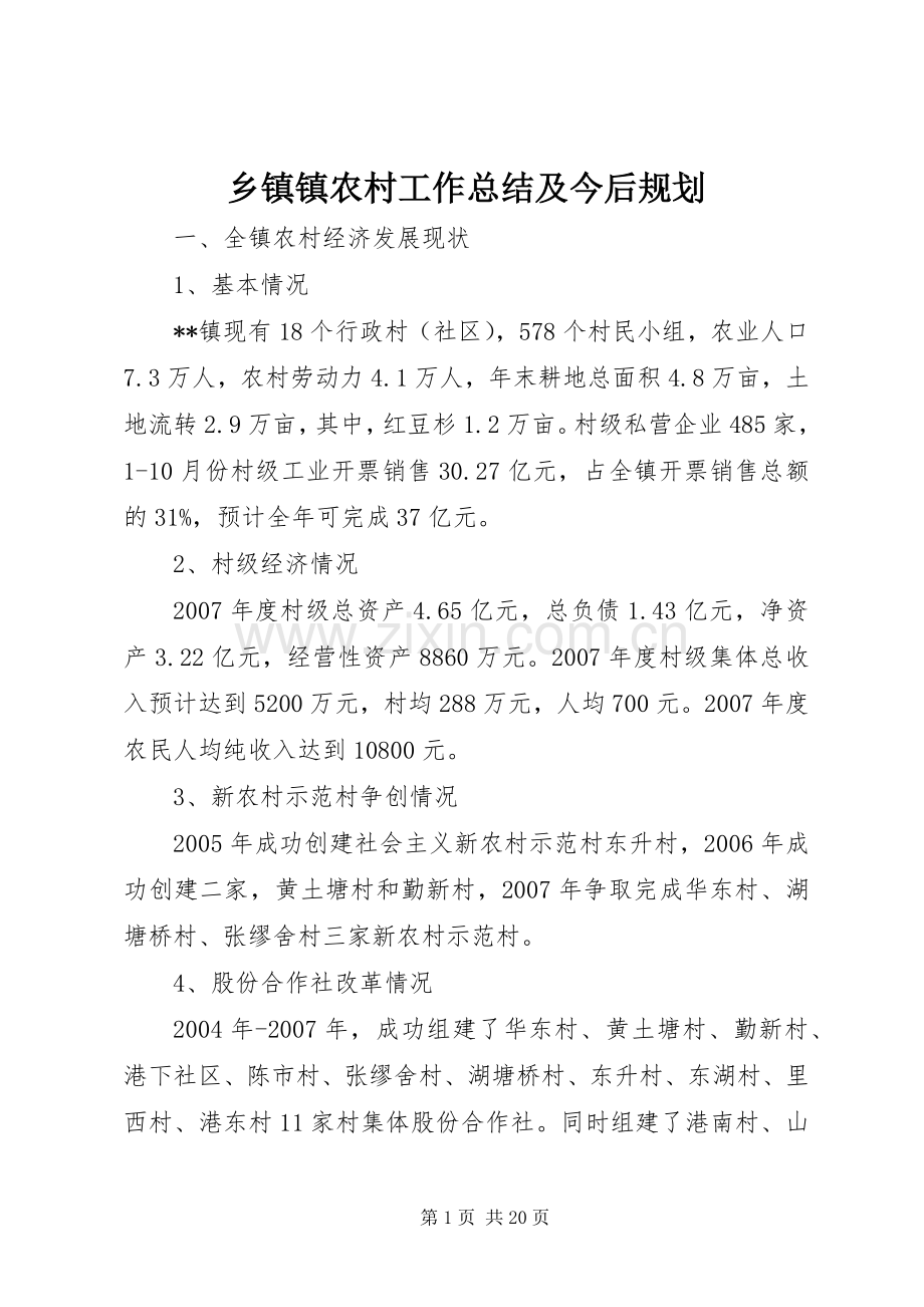 乡镇镇农村工作总结及今后规划.docx_第1页