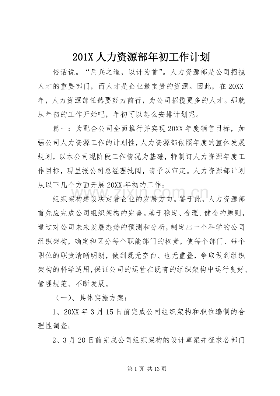 201X人力资源部年初工作计划.docx_第1页