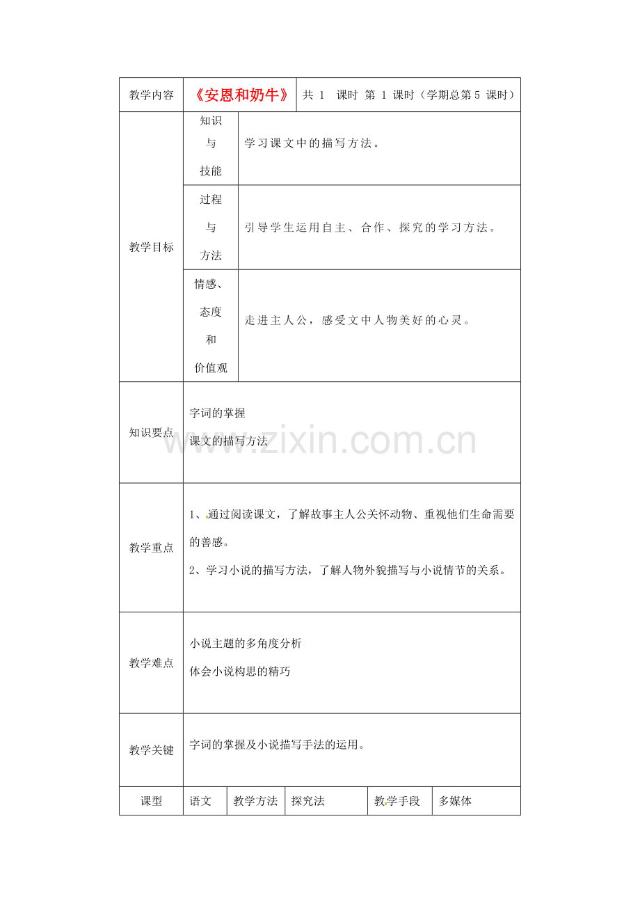 江苏省大丰市万盈二中七年级语文上册 安恩和奶牛教案 苏教版.doc_第1页