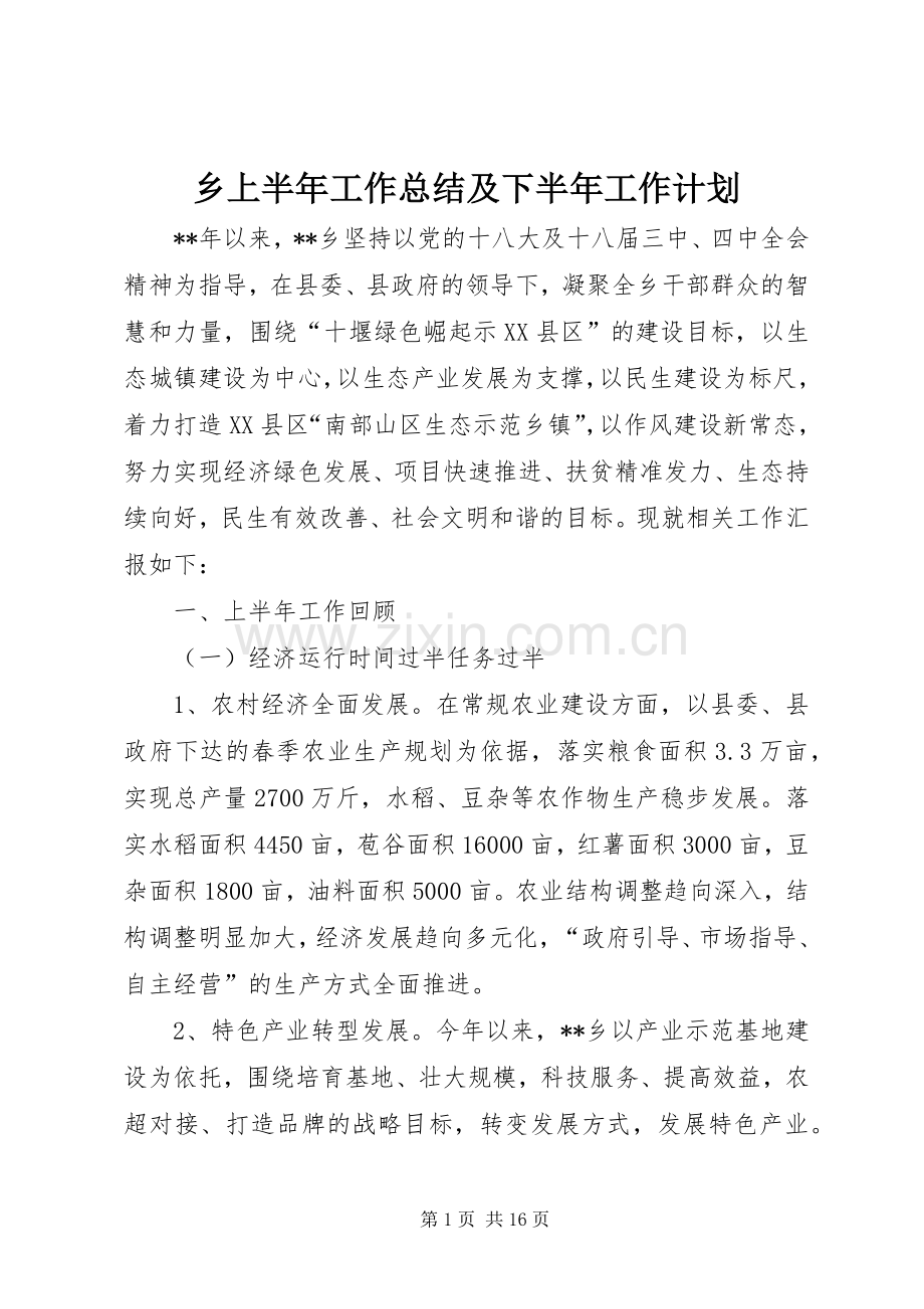乡上半年工作总结及下半年工作计划 .docx_第1页