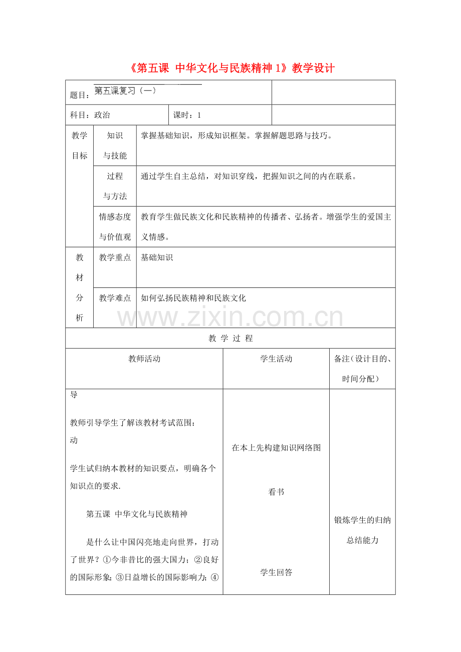 吉林省四平市第十七中学九年级政治全册《第五课 中华文化与民族精神》教案1 新人教版.doc_第1页