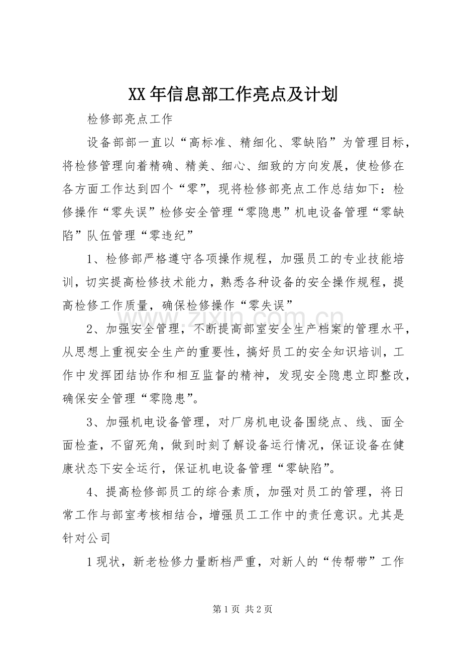XX年信息部工作亮点及计划.docx_第1页