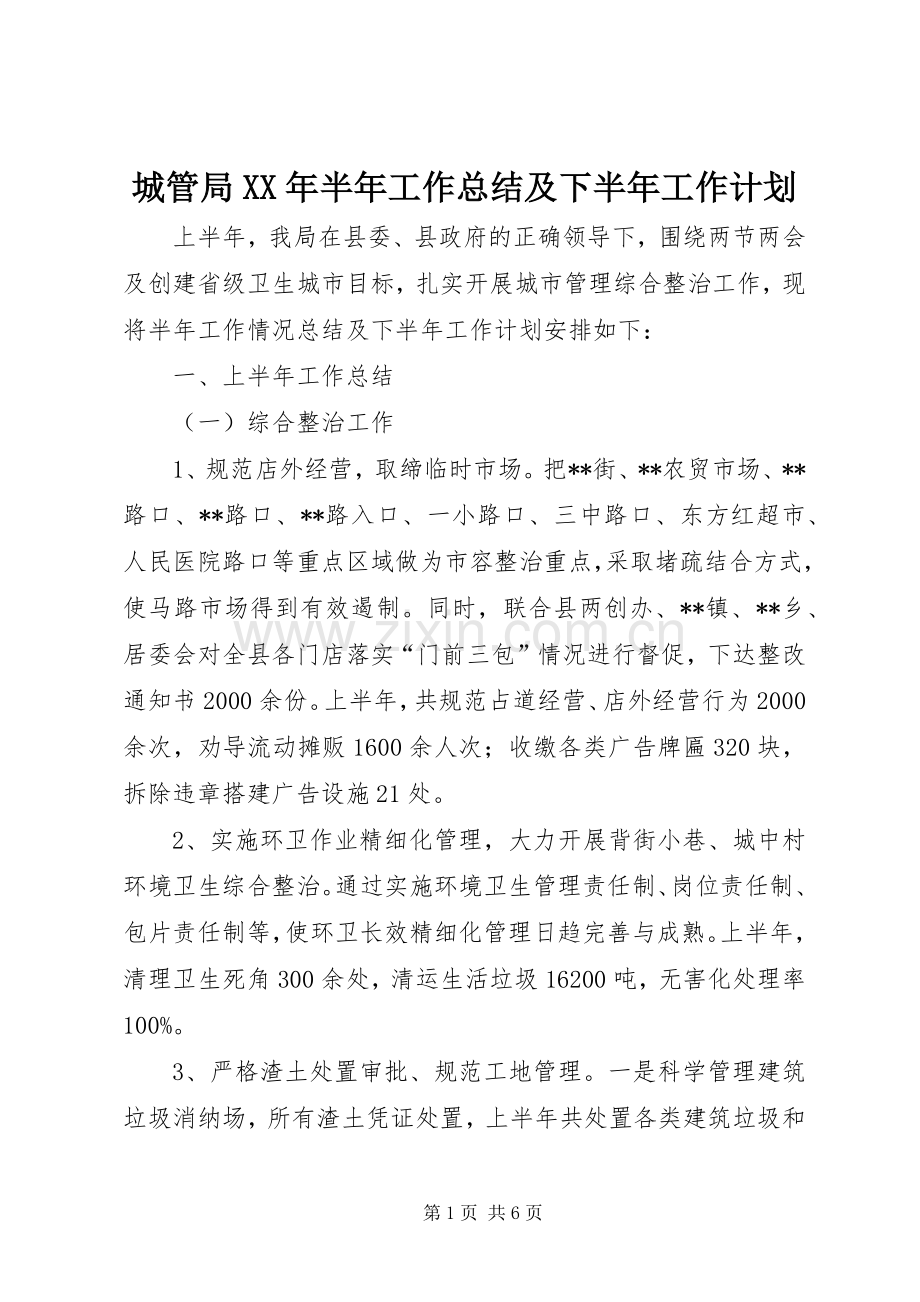 城管局XX年半年工作总结及下半年工作计划.docx_第1页