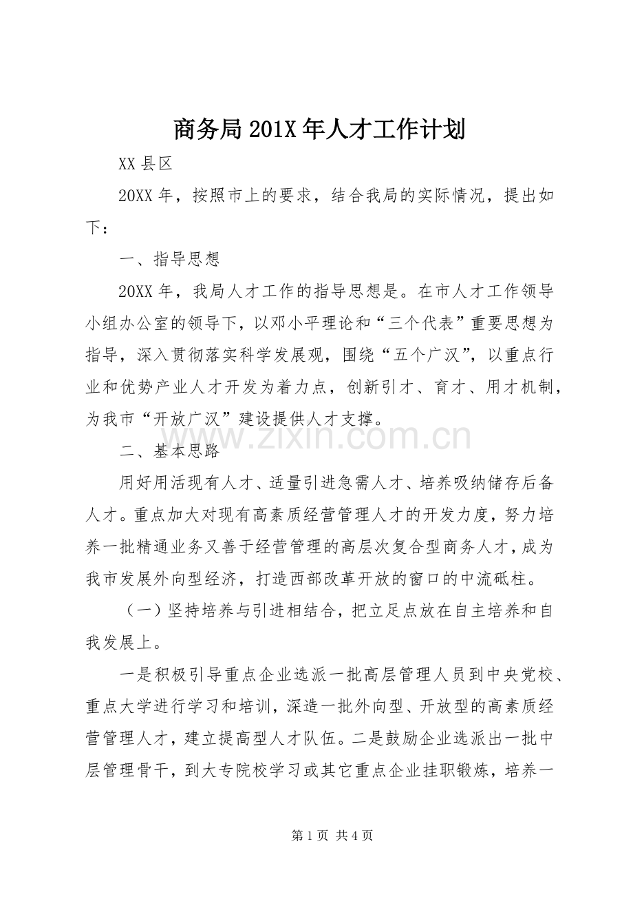 商务局201X年人才工作计划.docx_第1页