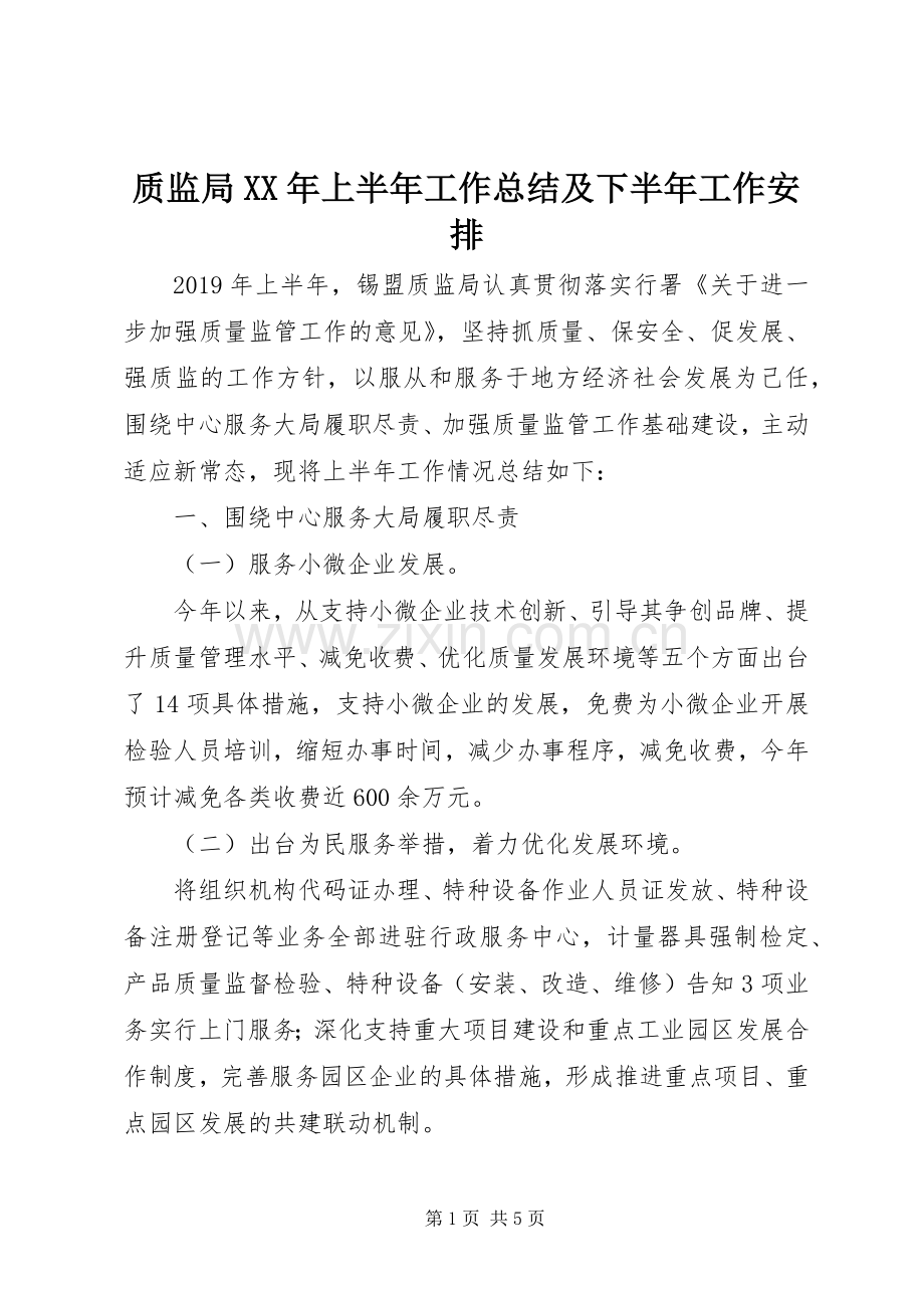 质监局XX年上半年工作总结及下半年工作安排 .docx_第1页