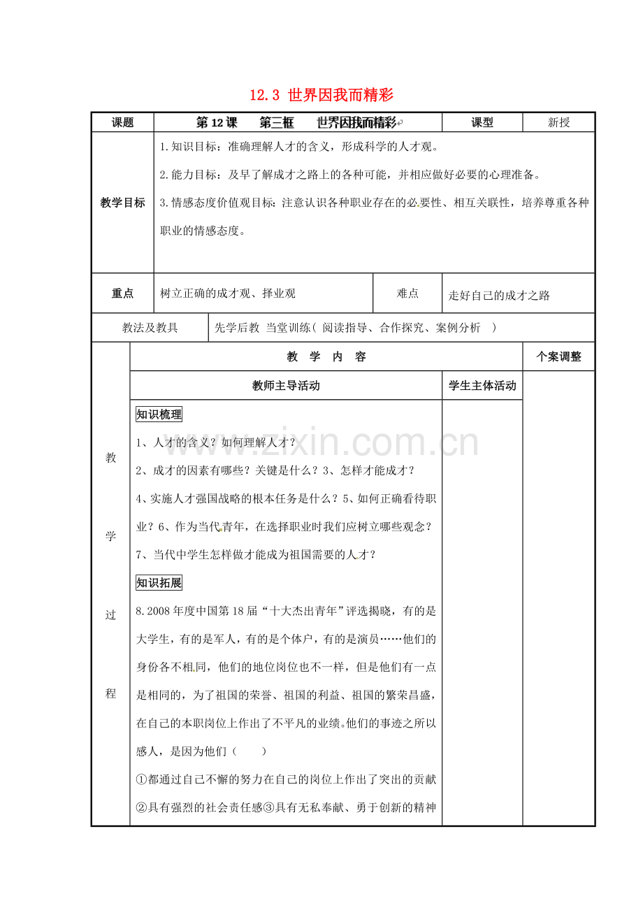 江苏省新沂市第二中学九年级政治全册 12.3 世界因我而精彩教案 苏教版.doc_第1页