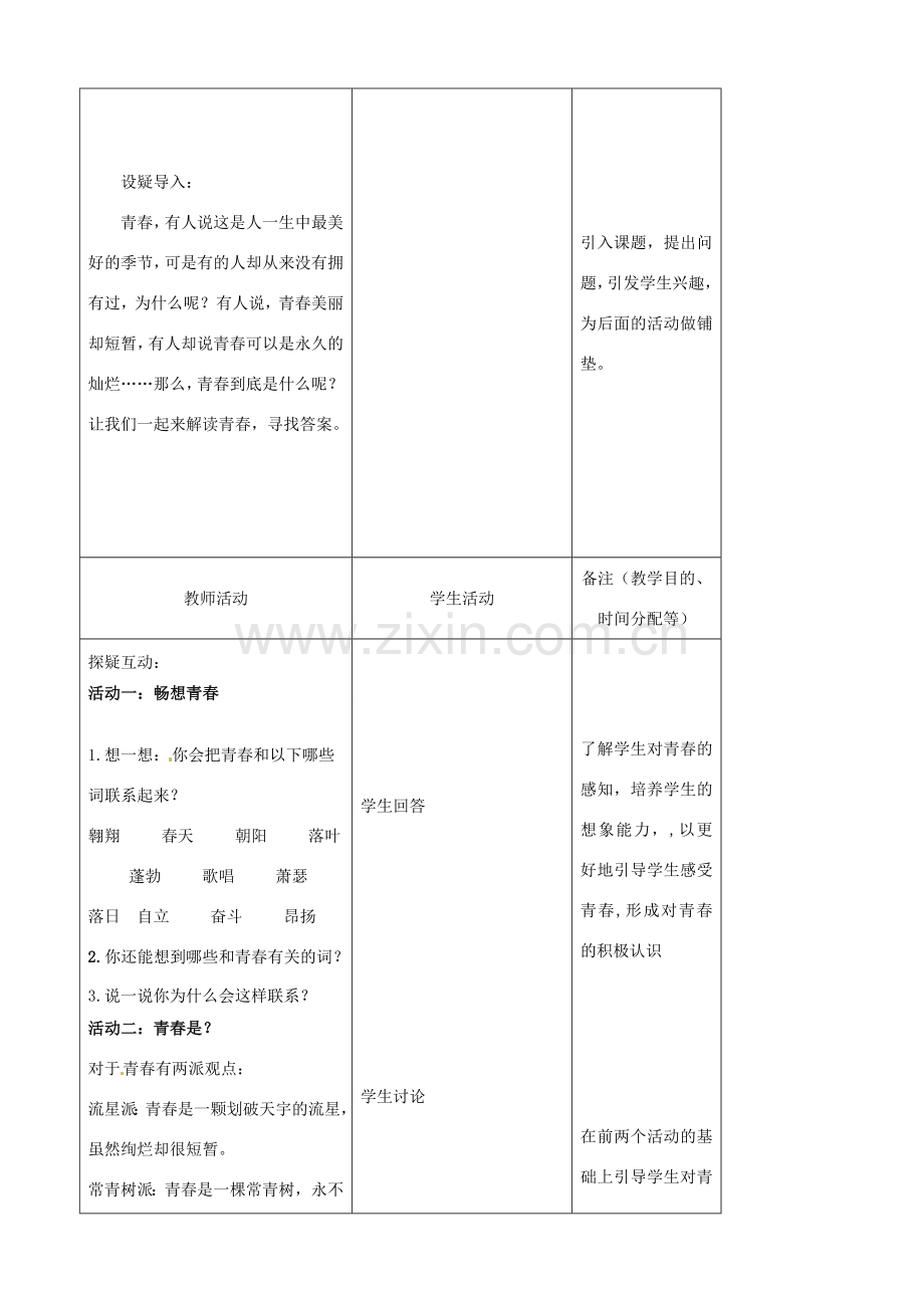 吉林省四平市第十七中学七年级政治上册 4.2 感悟青春教案 新人教版.doc_第2页