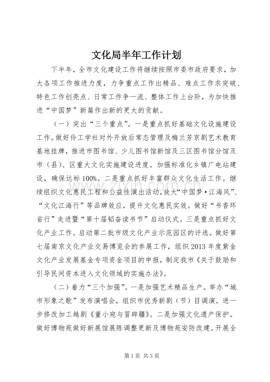 文化局半年工作计划.docx_第1页