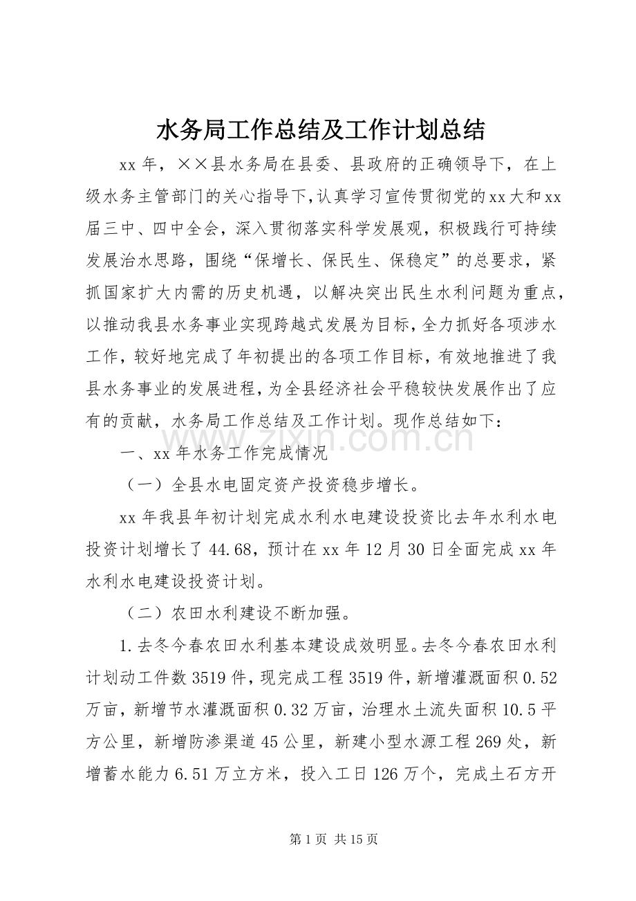 水务局工作总结及工作计划总结.docx_第1页