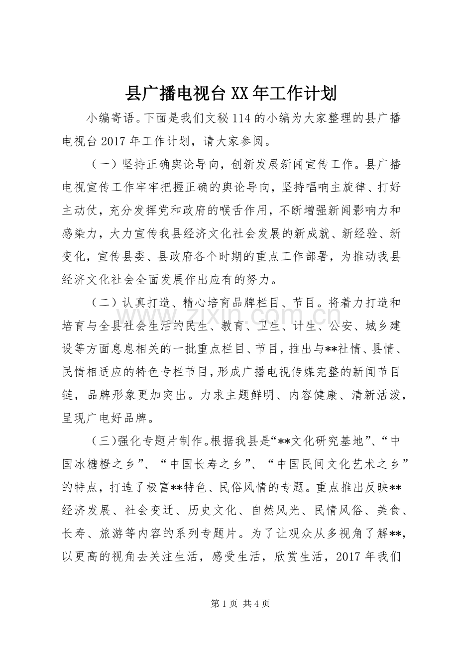 县广播电视台XX年工作计划.docx_第1页