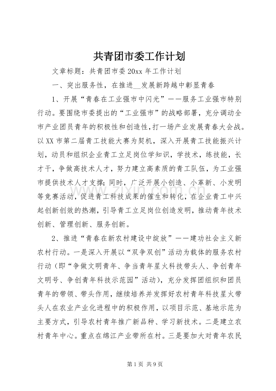 共青团市委工作计划.docx_第1页