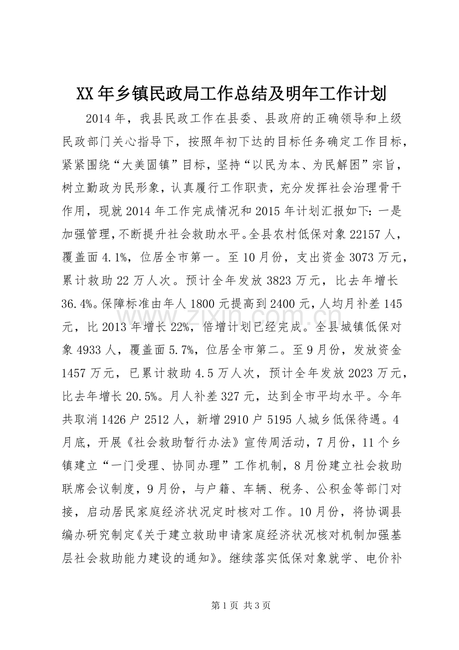 XX年乡镇民政局工作总结及明年工作计划.docx_第1页