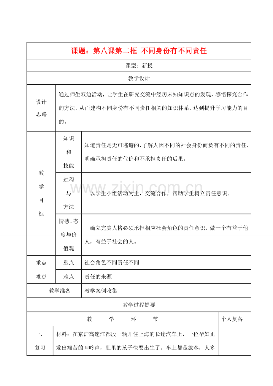 八年级思想品德上册 《不同身份有不同责任》第二框教案 苏教版.doc_第1页