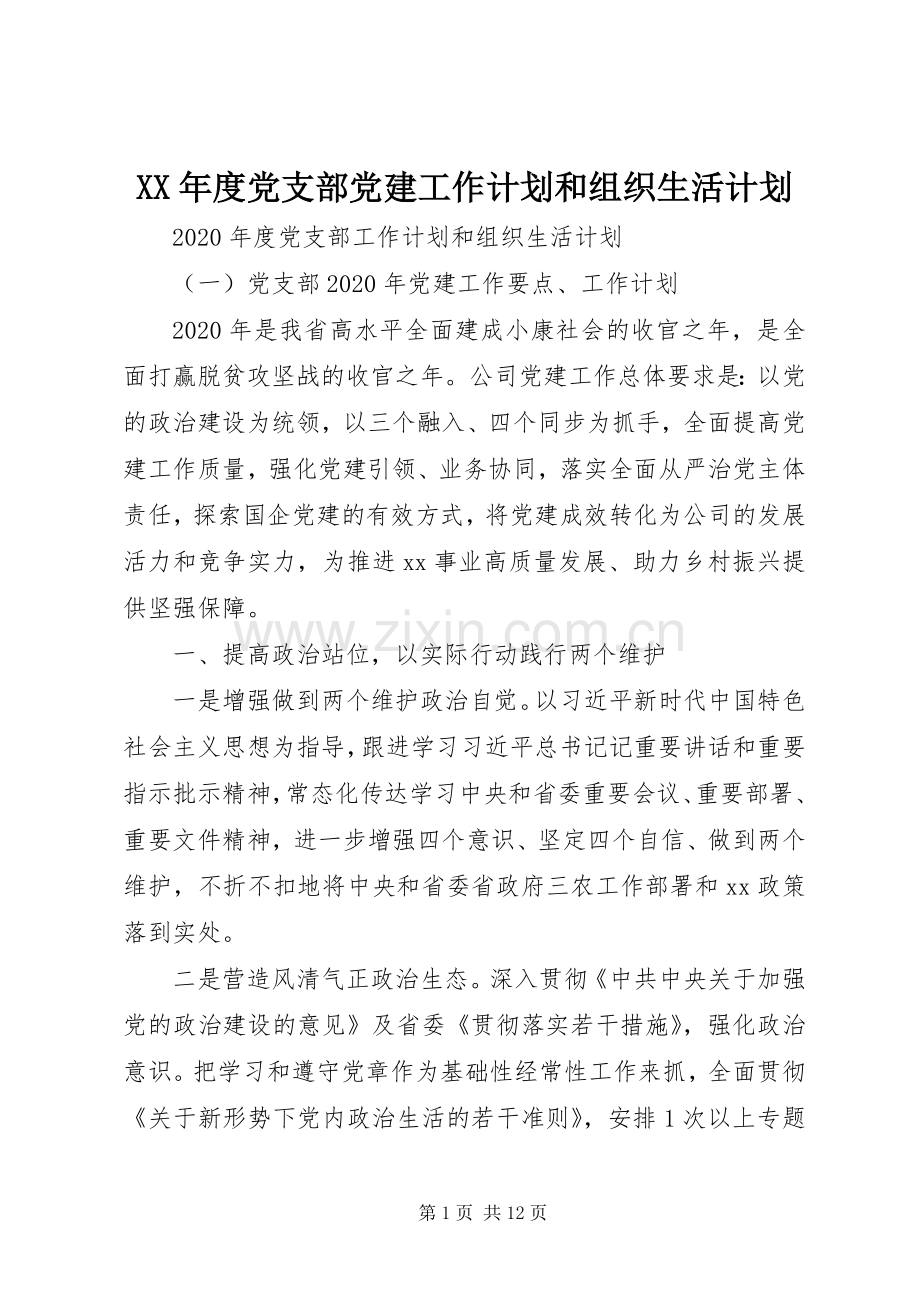XX年度党支部党建工作计划和组织生活计划.docx_第1页