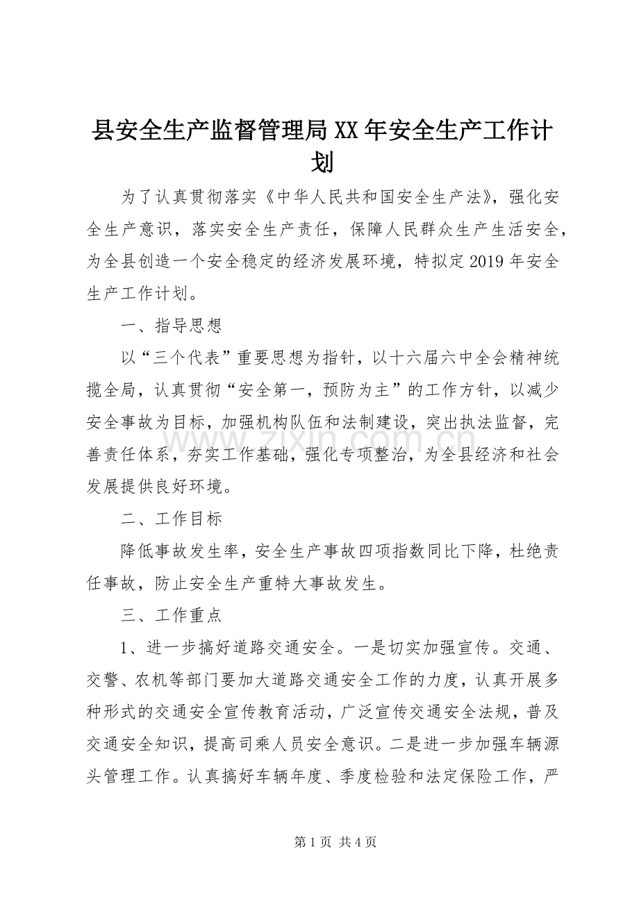 县安全生产监督管理局XX年安全生产工作计划.docx_第1页