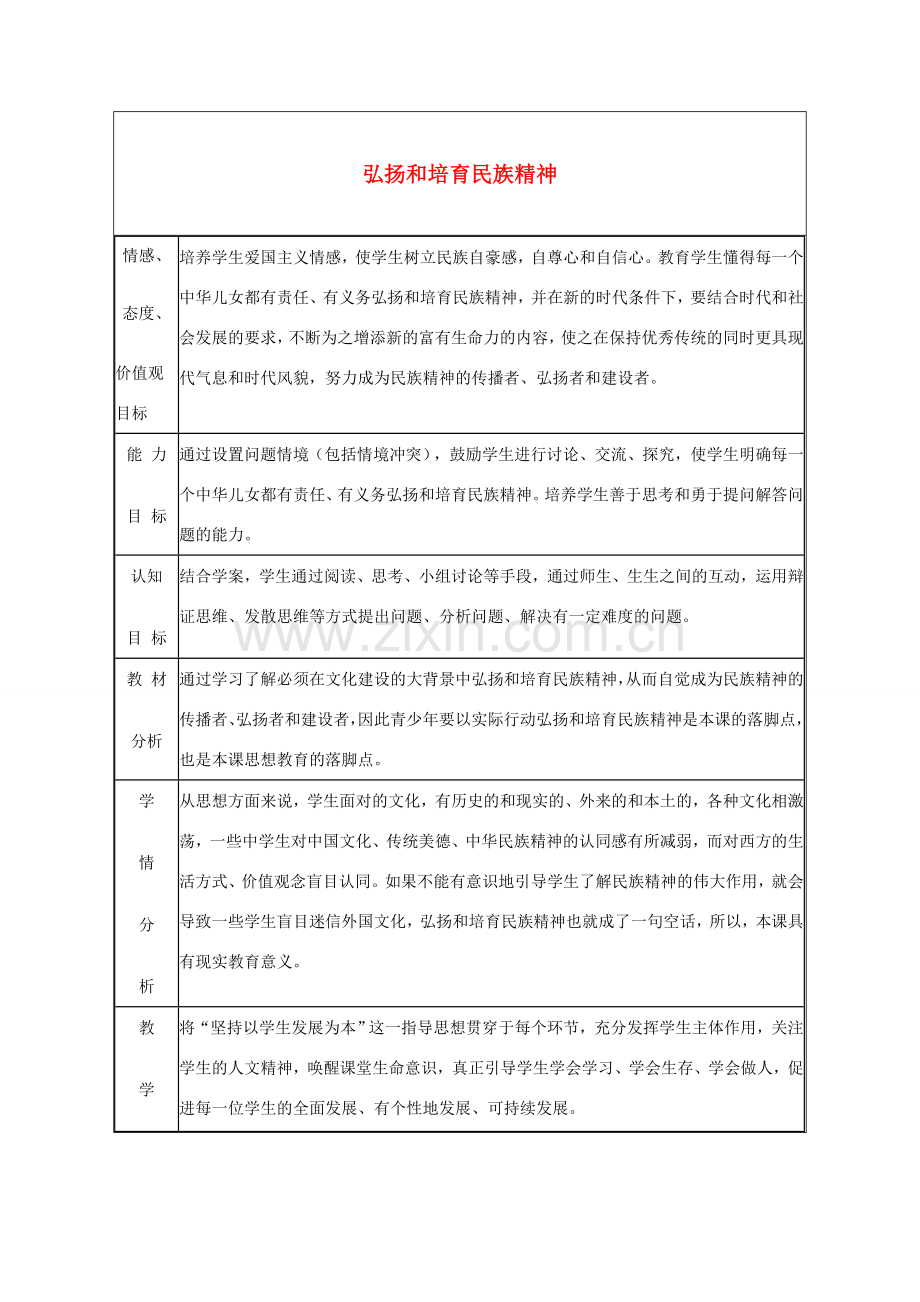 河北省保定市望都县第三中学九年级政治全册《弘扬和培育民族精神》教案 新人教版.doc_第1页
