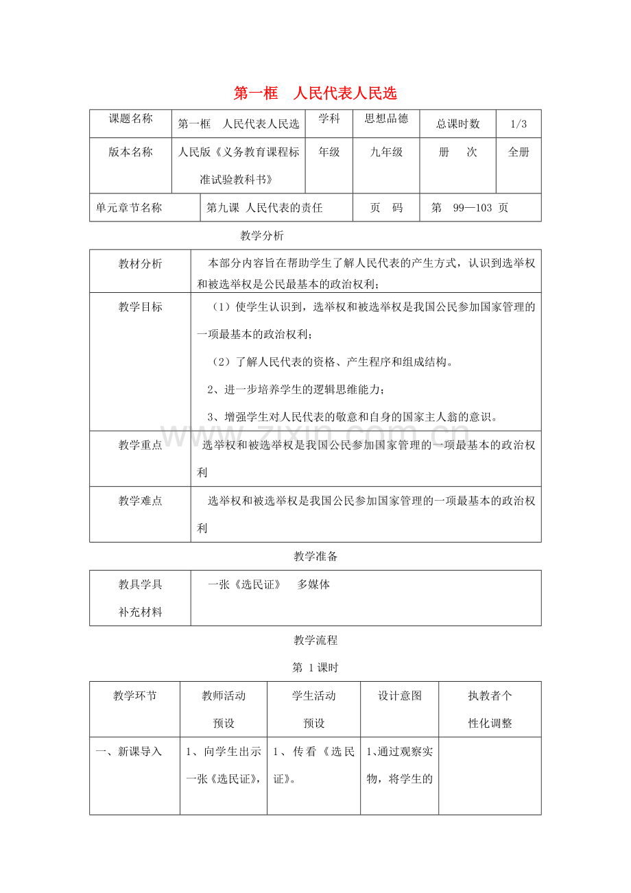 辽宁省凌海市石山初级中学九年级政治全册《人民代表人民选》教学设计 人民版.doc_第1页