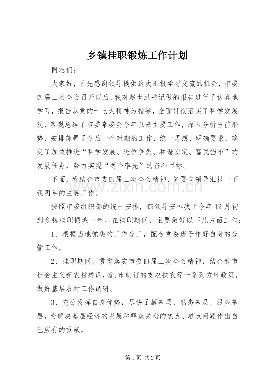 乡镇挂职锻炼工作计划_1.docx_第1页
