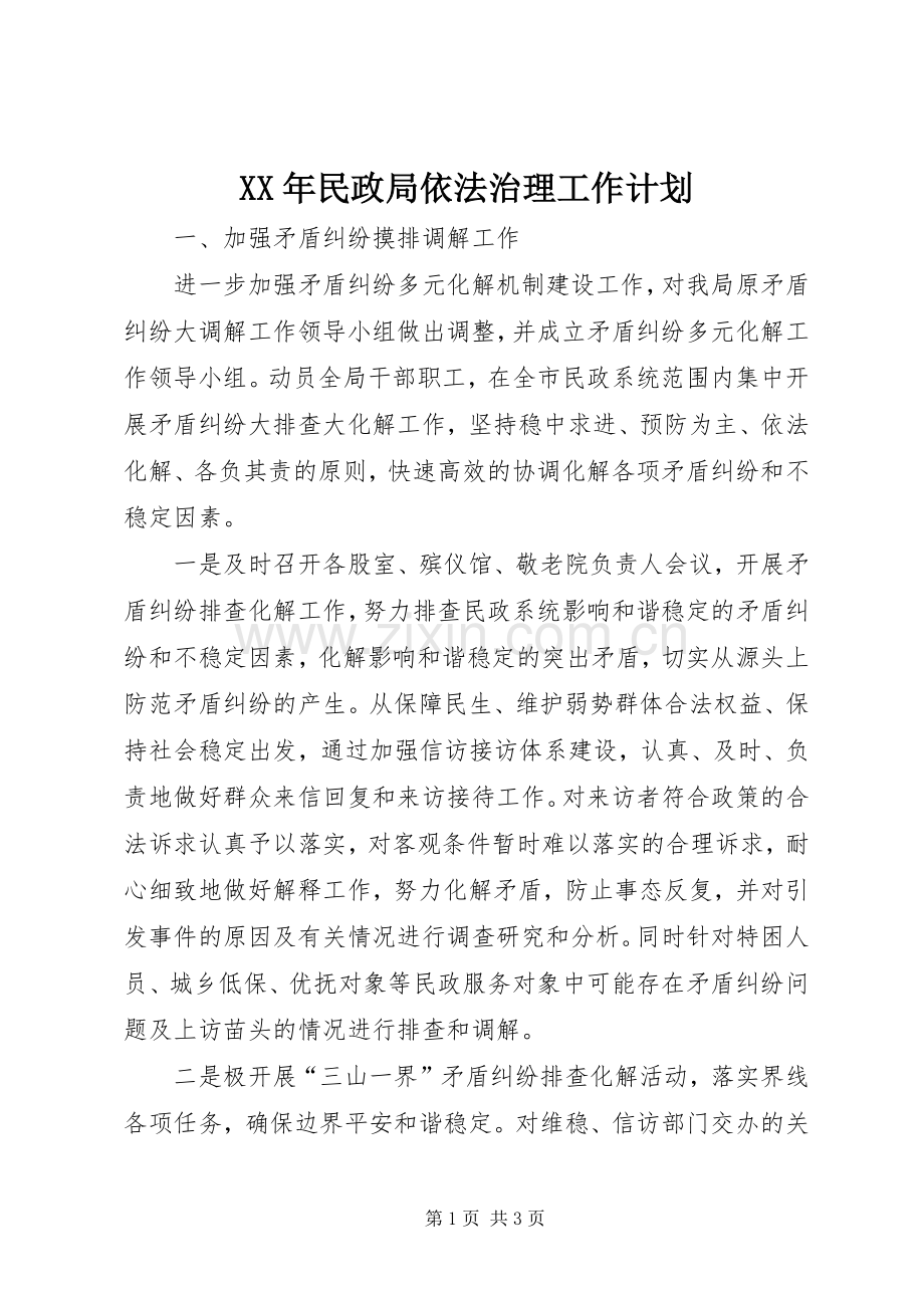 XX年民政局依法治理工作计划.docx_第1页