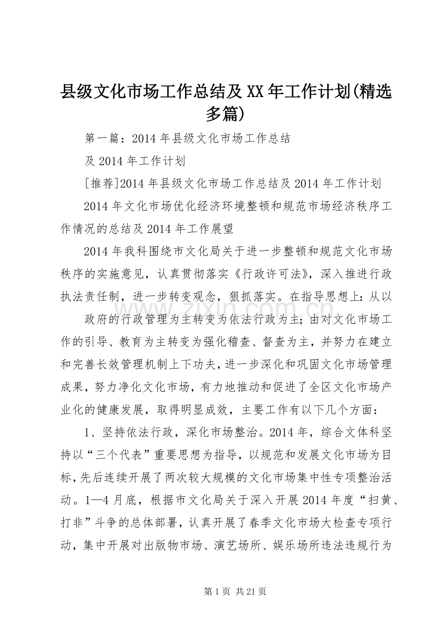 县级文化市场工作总结及XX年工作计划(多篇).docx_第1页