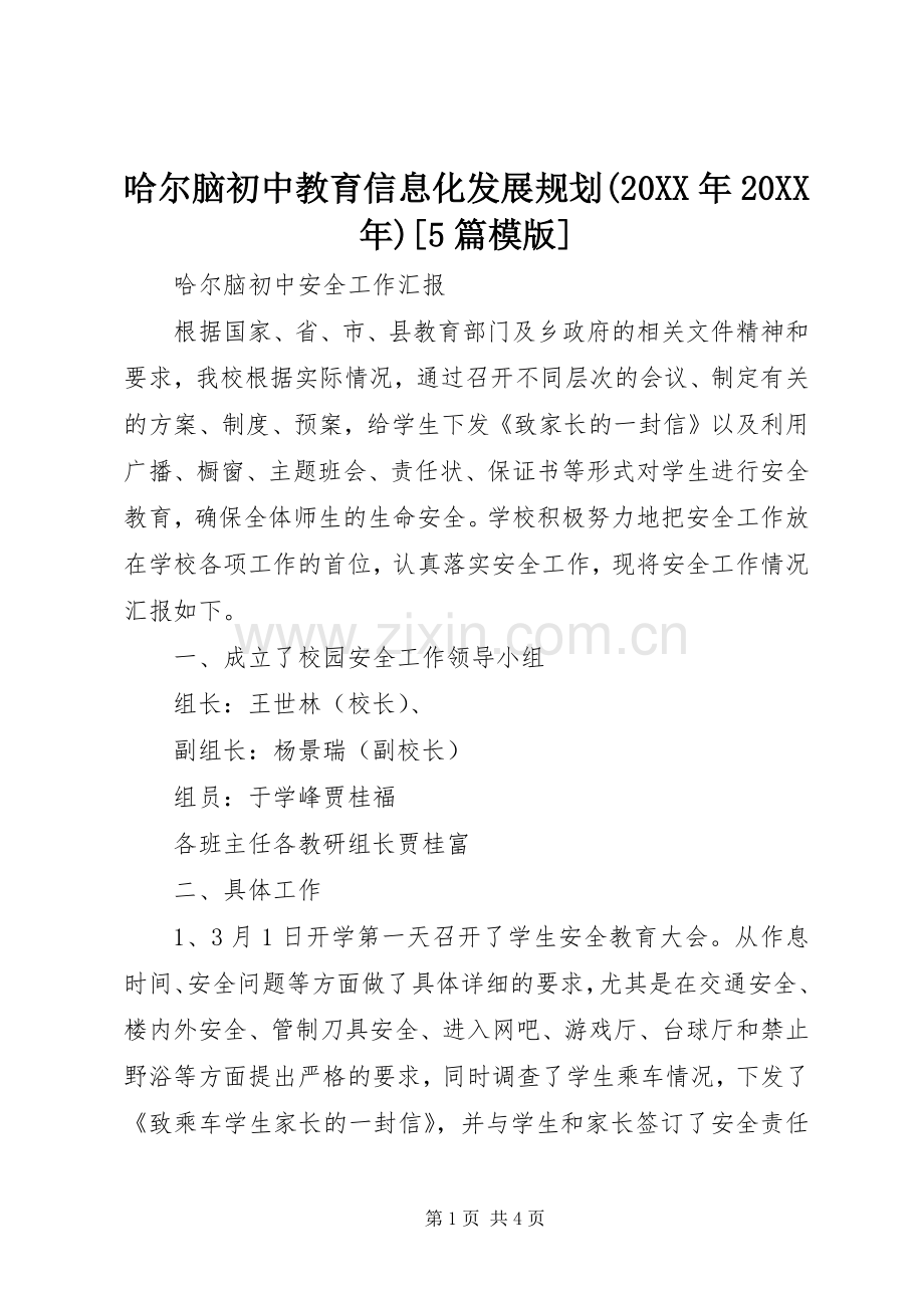 哈尔脑初中教育信息化发展规划(20XX年20XX年)[5篇模版].docx_第1页