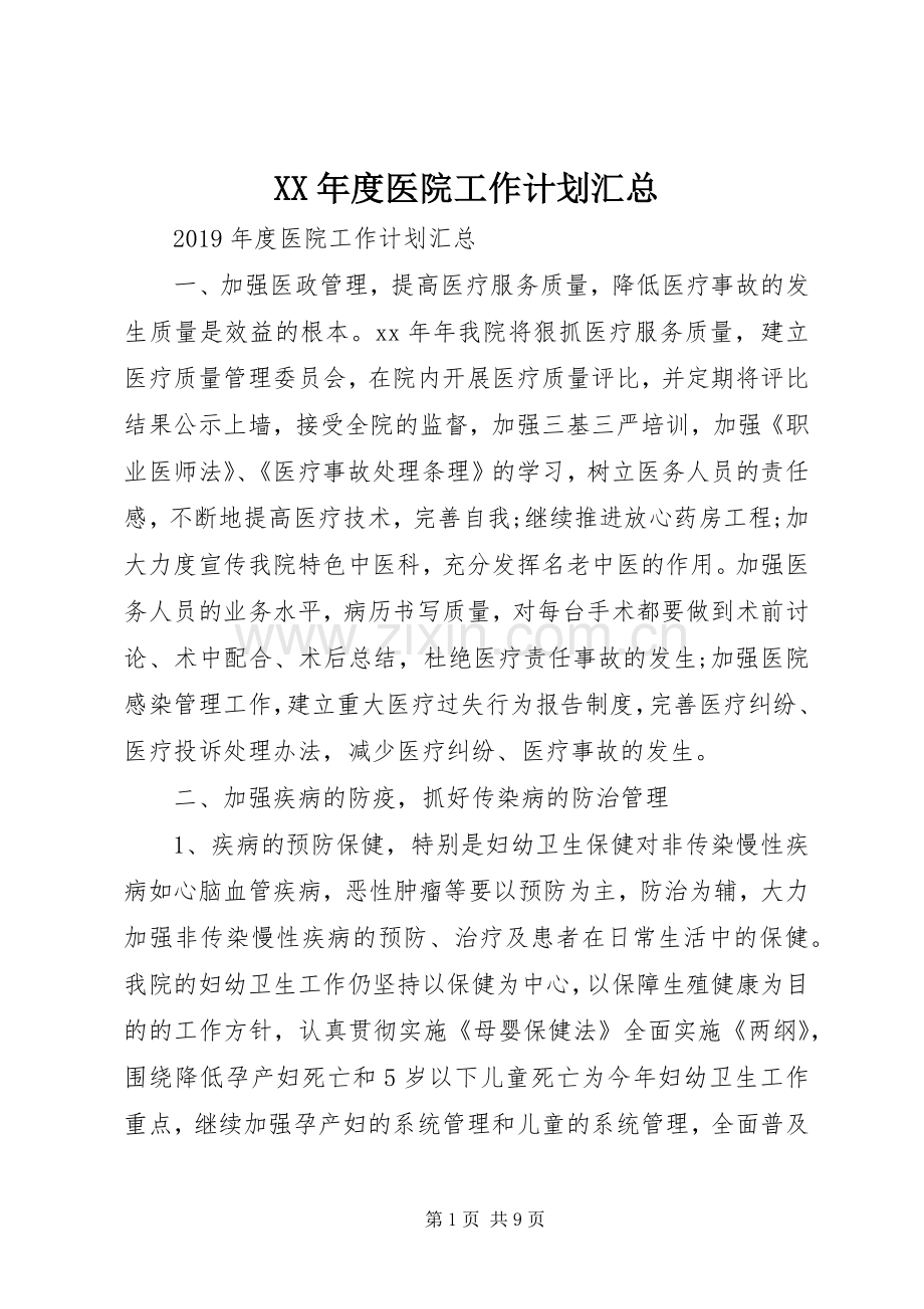 XX年度医院工作计划汇总 .docx_第1页