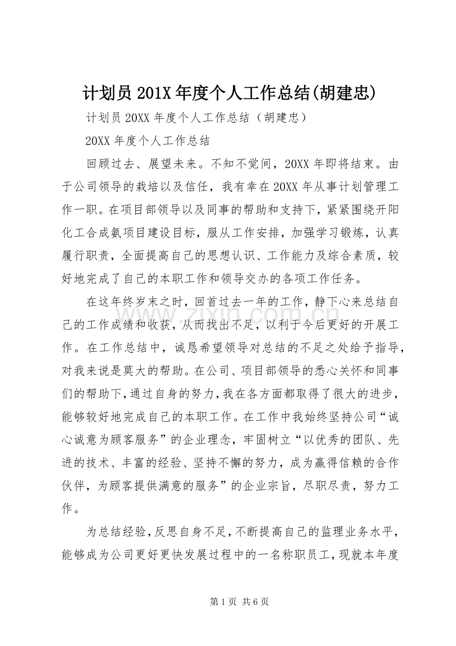 计划员201X年度个人工作总结(胡建忠).docx_第1页