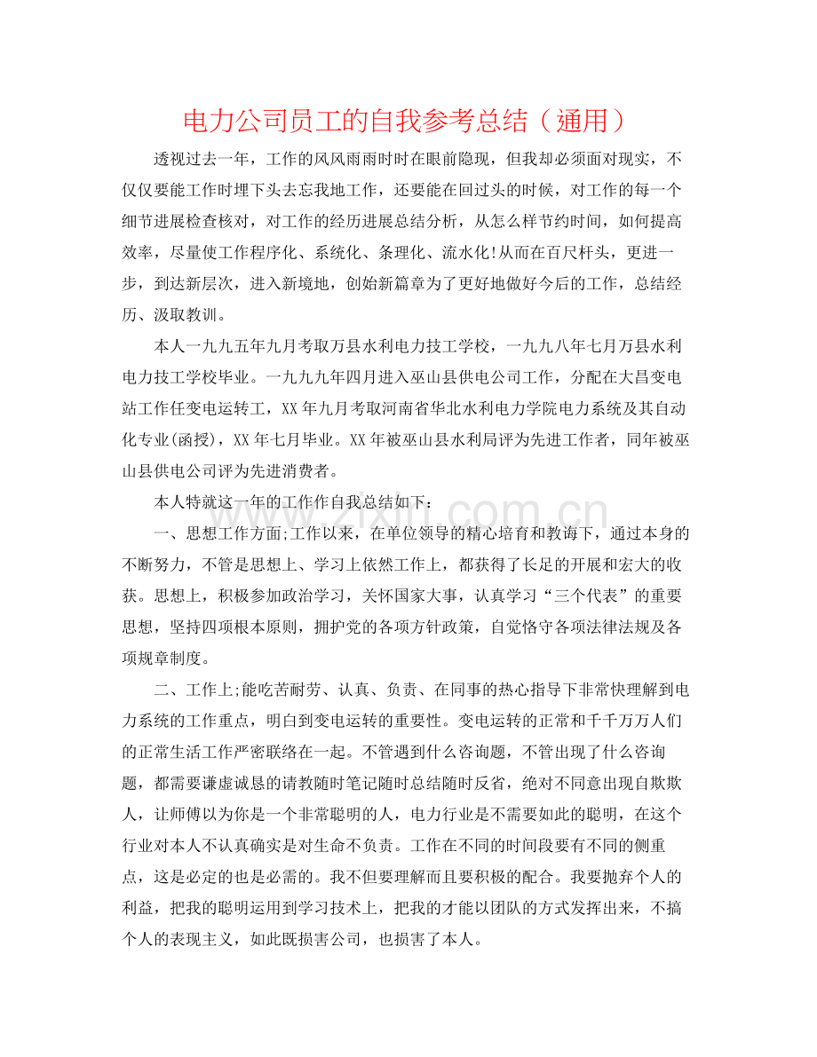 电力公司员工的自我参考总结（通用）.docx_第1页