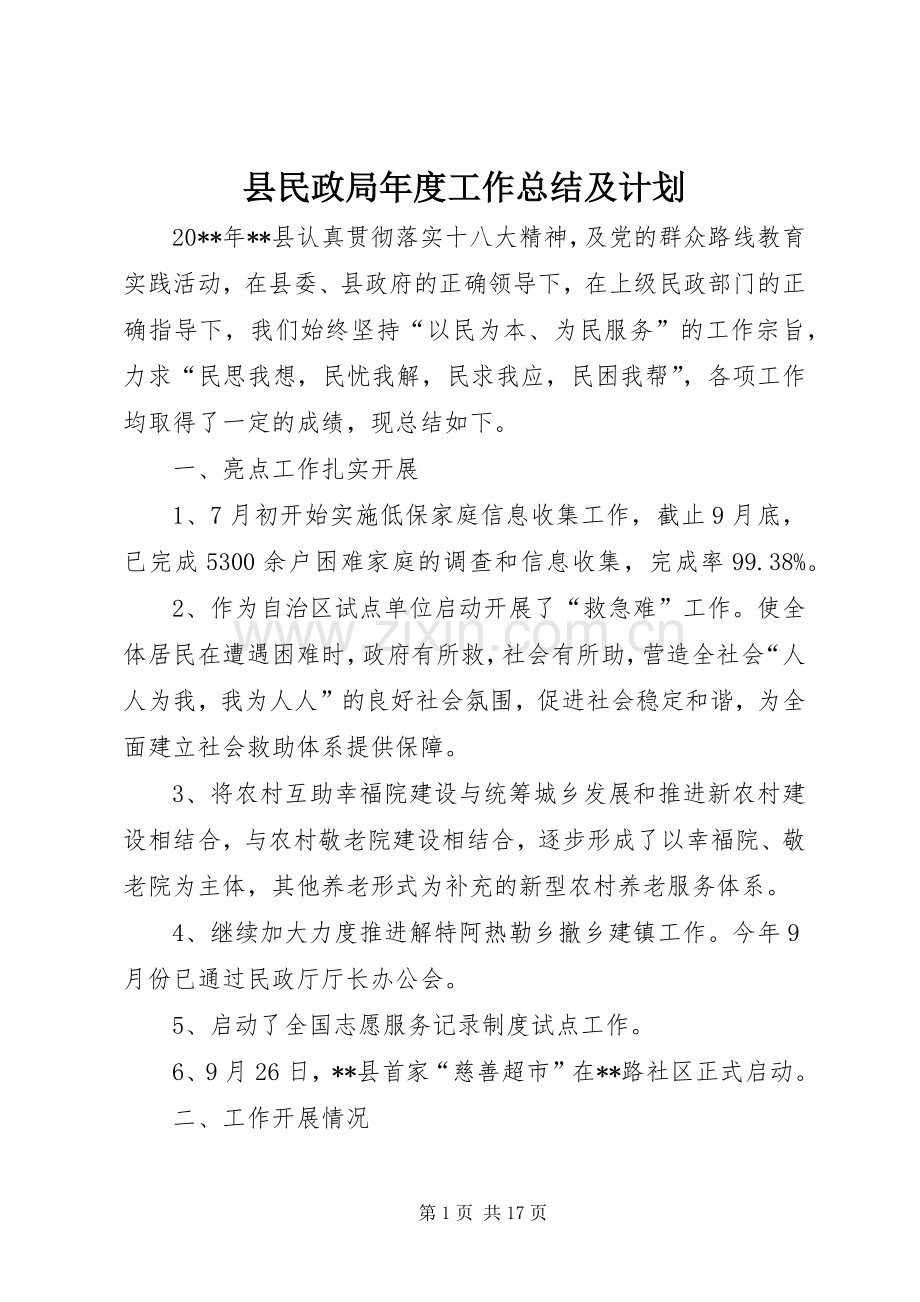县民政局年度工作总结及计划 .docx_第1页